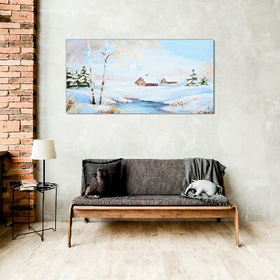 Glasbild Winterlandschaft mit Häusern im Schnee