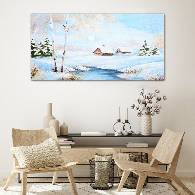 Glasbild Winterlandschaft mit Häusern im Schnee
