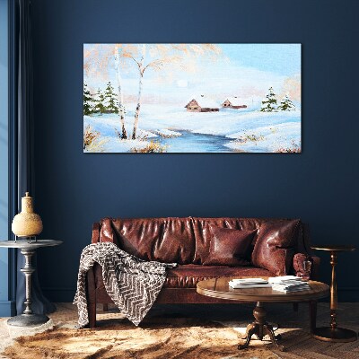 Glasbild Winterlandschaft mit Häusern im Schnee