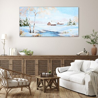 Glasbild Winterlandschaft mit Häusern im Schnee