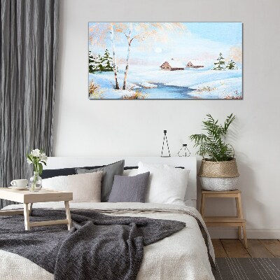 Glasbild Winterlandschaft mit Häusern im Schnee