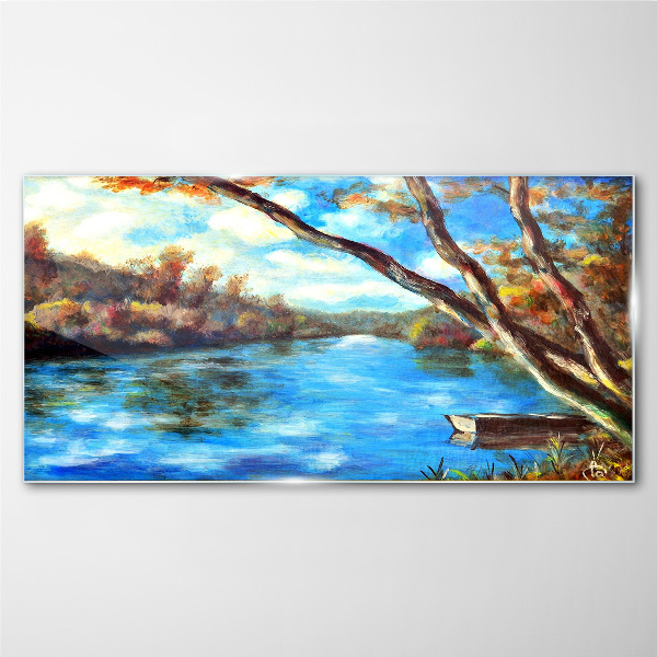 Glasbild Eine friedliche Landschaft am Fluss