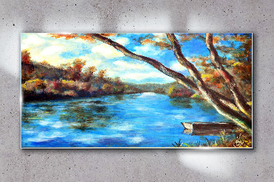 Glasbild Eine friedliche Landschaft am Fluss