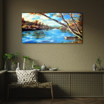 Glasbild Eine friedliche Landschaft am Fluss