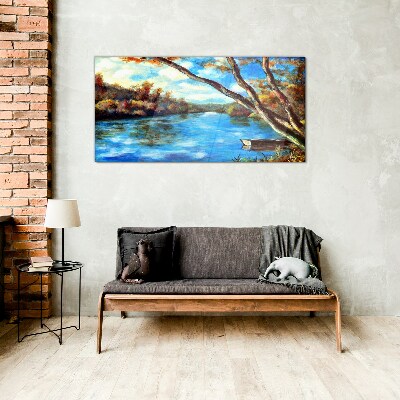 Glasbild Eine friedliche Landschaft am Fluss