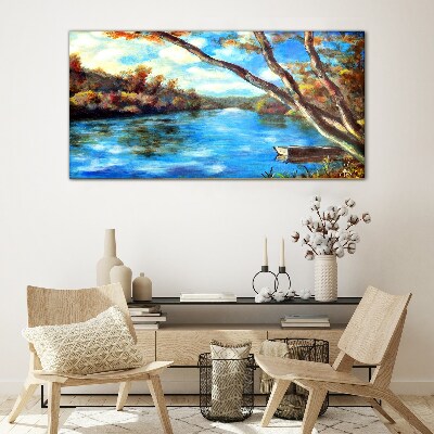 Glasbild Eine friedliche Landschaft am Fluss