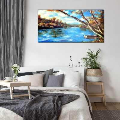Glasbild Eine friedliche Landschaft am Fluss