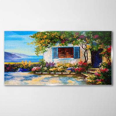 Glasbild Küstenlandschaft mit Blumen