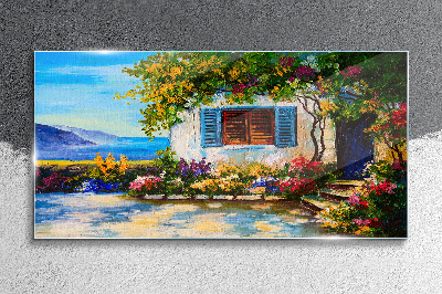 Glasbild Küstenlandschaft mit Blumen
