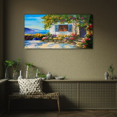 Glasbild Küstenlandschaft mit Blumen