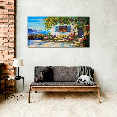 Glasbild Küstenlandschaft mit Blumen