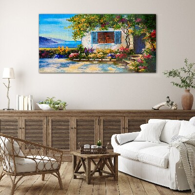 Glasbild Küstenlandschaft mit Blumen