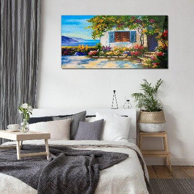 Glasbild Küstenlandschaft mit Blumen