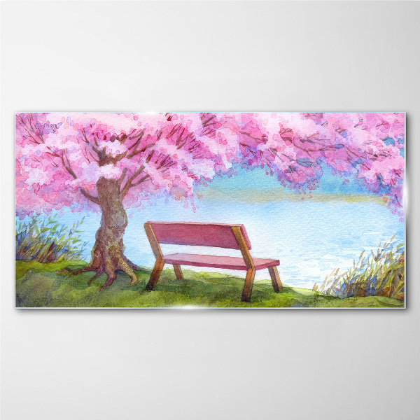 Glasbild Bank Baum Blumen Wasser