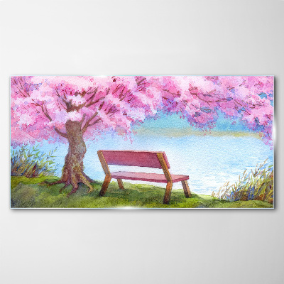 Glasbild Bank Baum Blumen Wasser