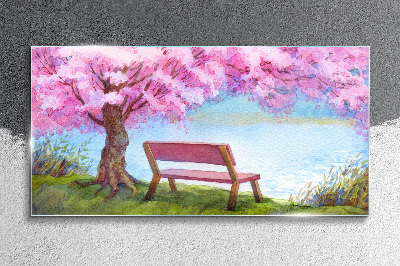 Glasbild Bank Baum Blumen Wasser