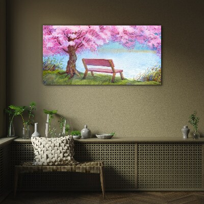 Glasbild Bank Baum Blumen Wasser