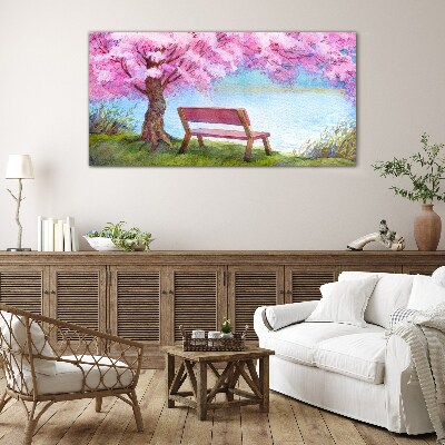 Glasbild Bank Baum Blumen Wasser