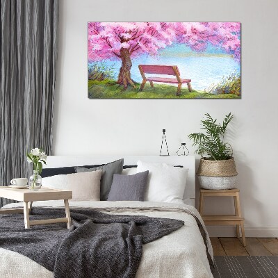 Glasbild Bank Baum Blumen Wasser