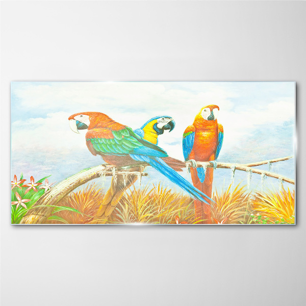 Glasbild Tropische Papageien auf einem Ast