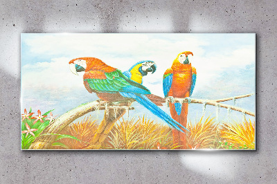 Glasbild Tropische Papageien auf einem Ast