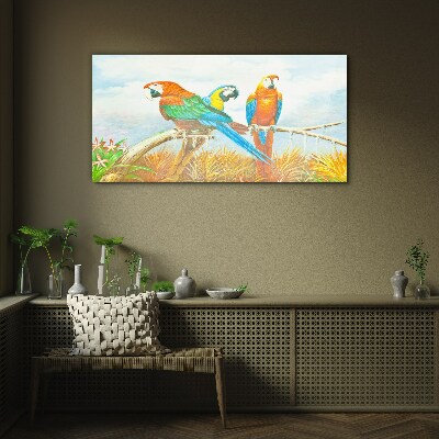 Glasbild Tropische Papageien auf einem Ast