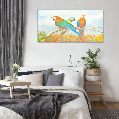 Glasbild Tropische Papageien auf einem Ast