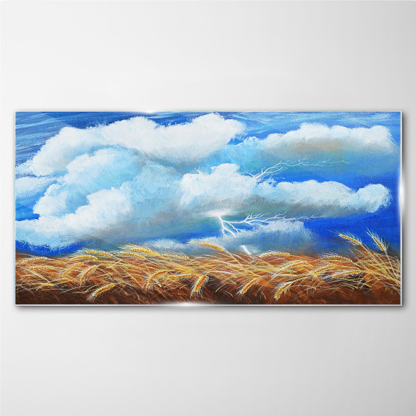 Glasbild Sommerhimmel über einem goldenen Feld