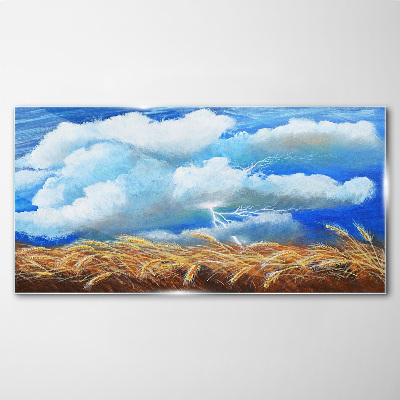 Glasbild Sommerhimmel über einem goldenen Feld