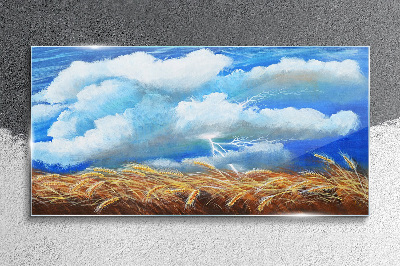 Glasbild Sommerhimmel über einem goldenen Feld
