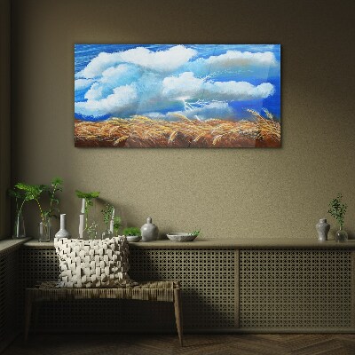Glasbild Sommerhimmel über einem goldenen Feld