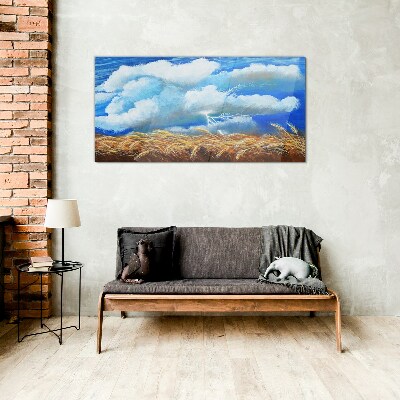 Glasbild Sommerhimmel über einem goldenen Feld
