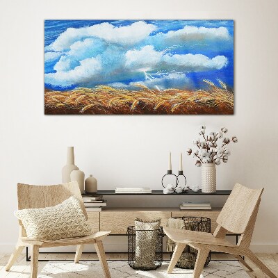 Glasbild Sommerhimmel über einem goldenen Feld
