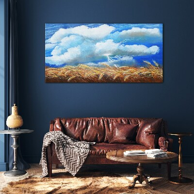 Glasbild Sommerhimmel über einem goldenen Feld