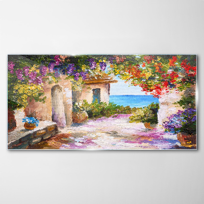 Glasbild Die Blumenallee eines Küstendorfes