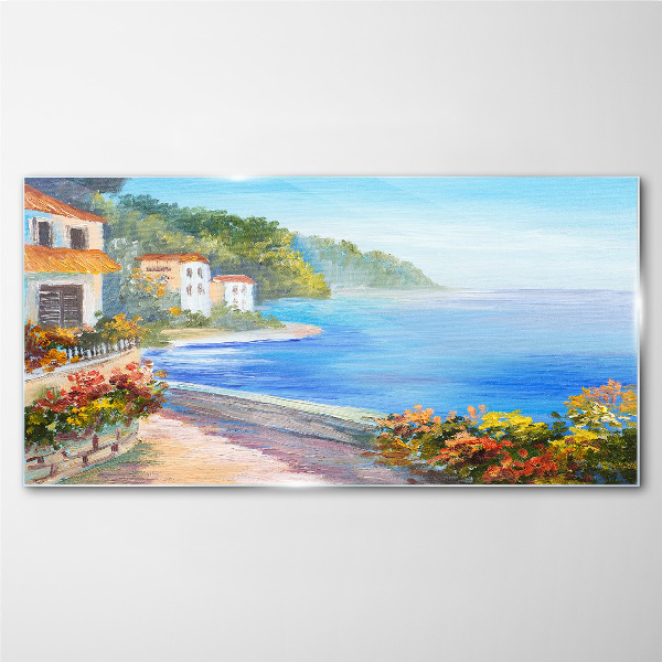 Glasbild Küstenlandschaft mit bunten Häusern
