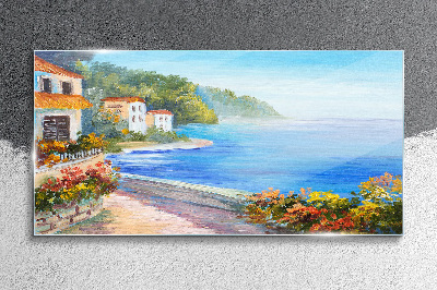 Glasbild Küstenlandschaft mit bunten Häusern