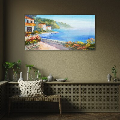 Glasbild Küstenlandschaft mit bunten Häusern