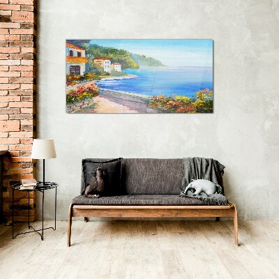 Glasbild Küstenlandschaft mit bunten Häusern