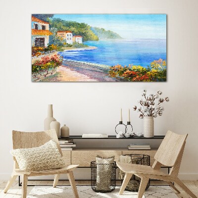 Glasbild Küstenlandschaft mit bunten Häusern