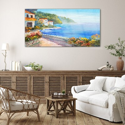 Glasbild Küstenlandschaft mit bunten Häusern