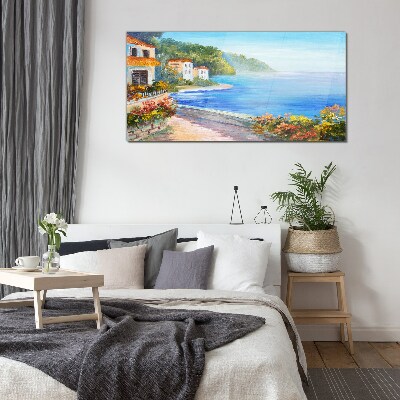 Glasbild Küstenlandschaft mit bunten Häusern