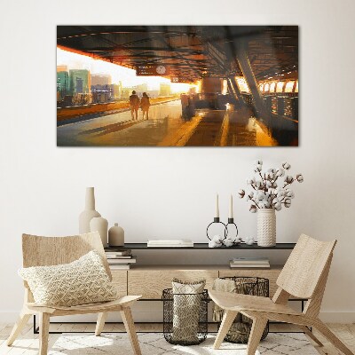 Glasbild Goldene Stunden am Bahnhof