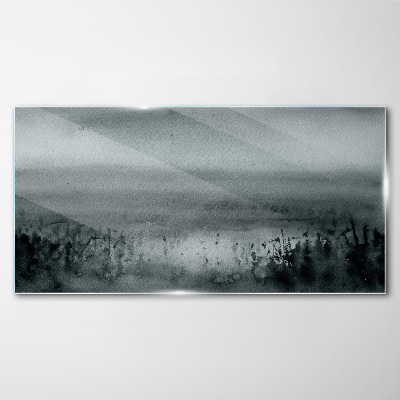 Glasbild Grau-felsige Nebellandschaft