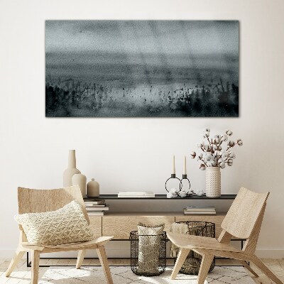 Glasbild Grau-felsige Nebellandschaft