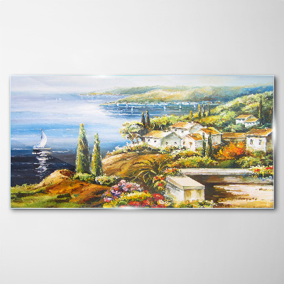 Glasbild Küstenlandschaft mit Segelboot