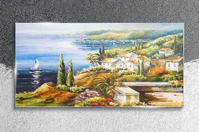 Glasbild Küstenlandschaft mit Segelboot