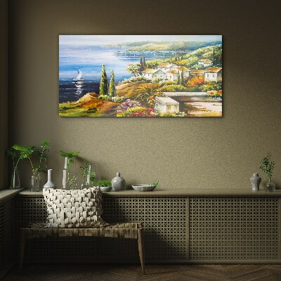 Glasbild Küstenlandschaft mit Segelboot