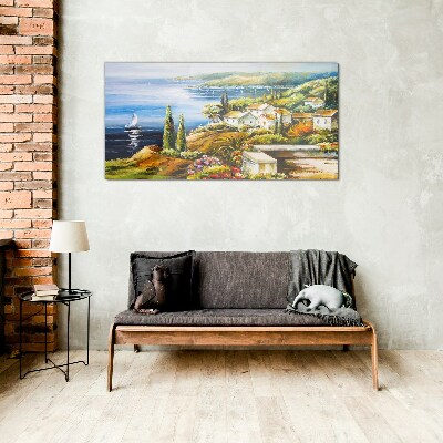 Glasbild Küstenlandschaft mit Segelboot