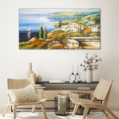 Glasbild Küstenlandschaft mit Segelboot